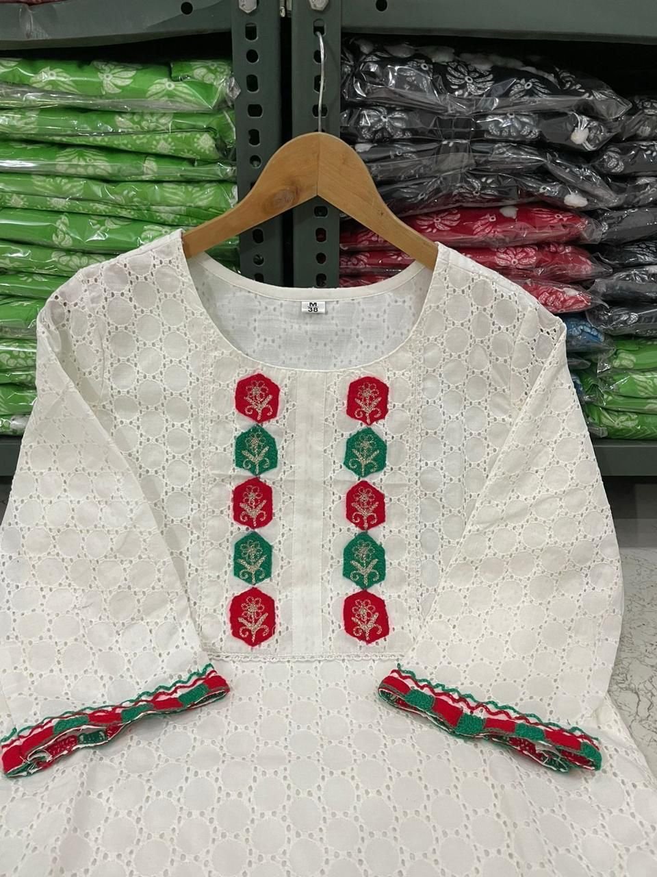 Schiffli Chikankari Cotton Kurta Set with Dupatta